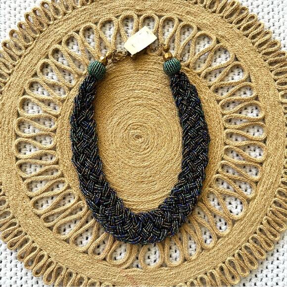 Macy's NWT Turquoise Blue Iridescent Heavily Beaded Braided Statement Necklace - Picture 2 of 8